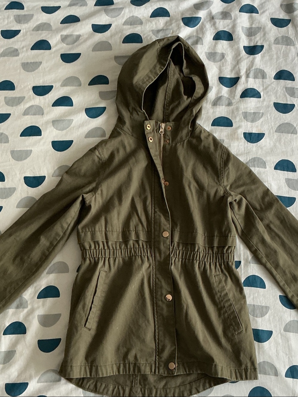 Children's Hooded Olive Rain Jacket with Drawstring Waist